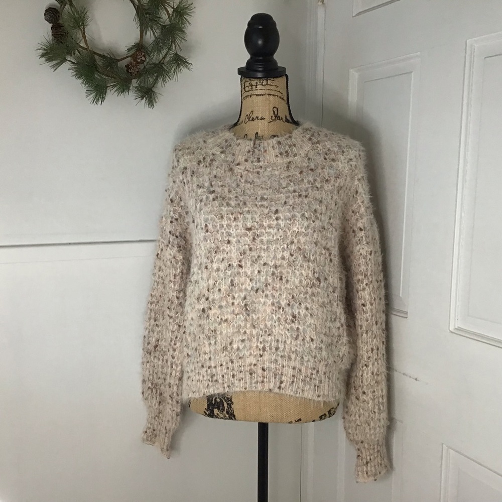 Hem & Thread Oatmeal Confetti Speckled Eyelash Sweater with Bishop Sleev…